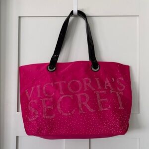 Victoria's Secret Bright Pink Tote with Black Handles and Rhinestone Logo